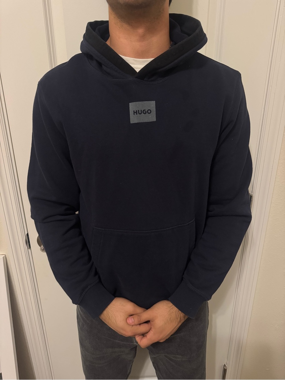 HUGO Navy Pullover Hoodie with Front Logo Patch